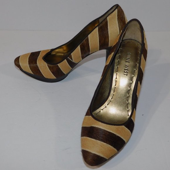 Nine West Womens 6M Brown Tan Striped Animal Hair Platform Heels - Picture 9 of 9